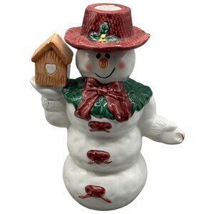 Christmas Ceramic Snowman Taper Candlestick Holder Figurine 8" Tall Used READ